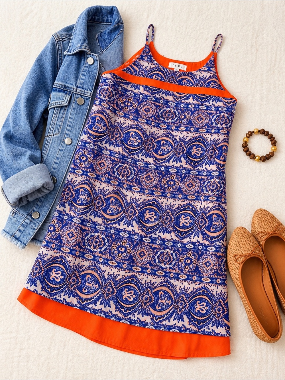 THML Blue & Orange Paisley Swing Dress Size M Boho Sleeveless Lined